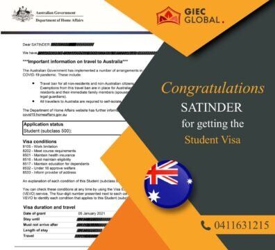 Australia Study Visa Granted of Satinder