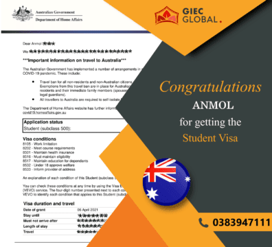 Australia Study Visa Granted of Anmol