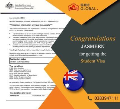 Australia Study Visa Granted of Jasmeen
