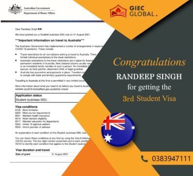 Australia Study Visa Granted of Randeep Singh