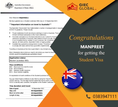 Australia Study Visa Granted of Manpreet