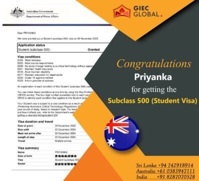 Australian 500 Visa ( Student Visa ) of Priyanka