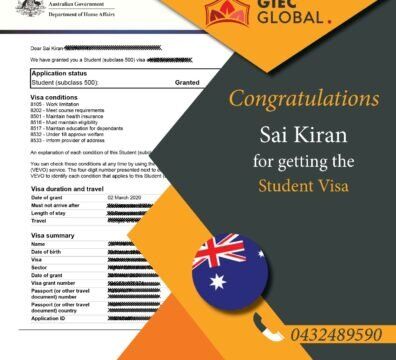 Australia Study Visa Granted of Sai Kiran
