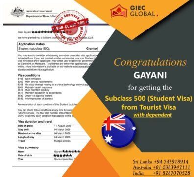 Australia Student Visa Grant from Tourist Visa with Dependent of Gayani