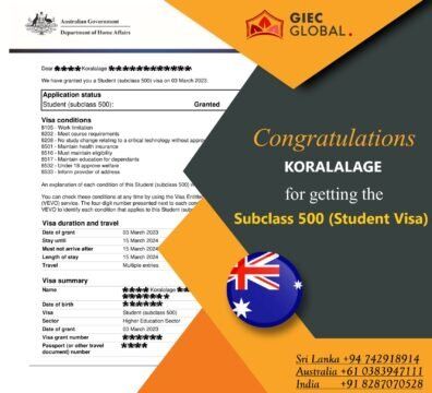 Australia Student Visa Grant of Koralalage