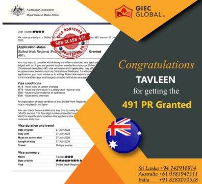 Australia PR (491) Approved of Tavleen