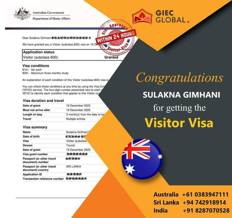 SULAKNA GIMHANI Australian Visitor Visa Approved