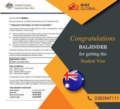 Australia Study Granted of Baljinder