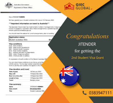 Australia Study Visa Granted of Jitender