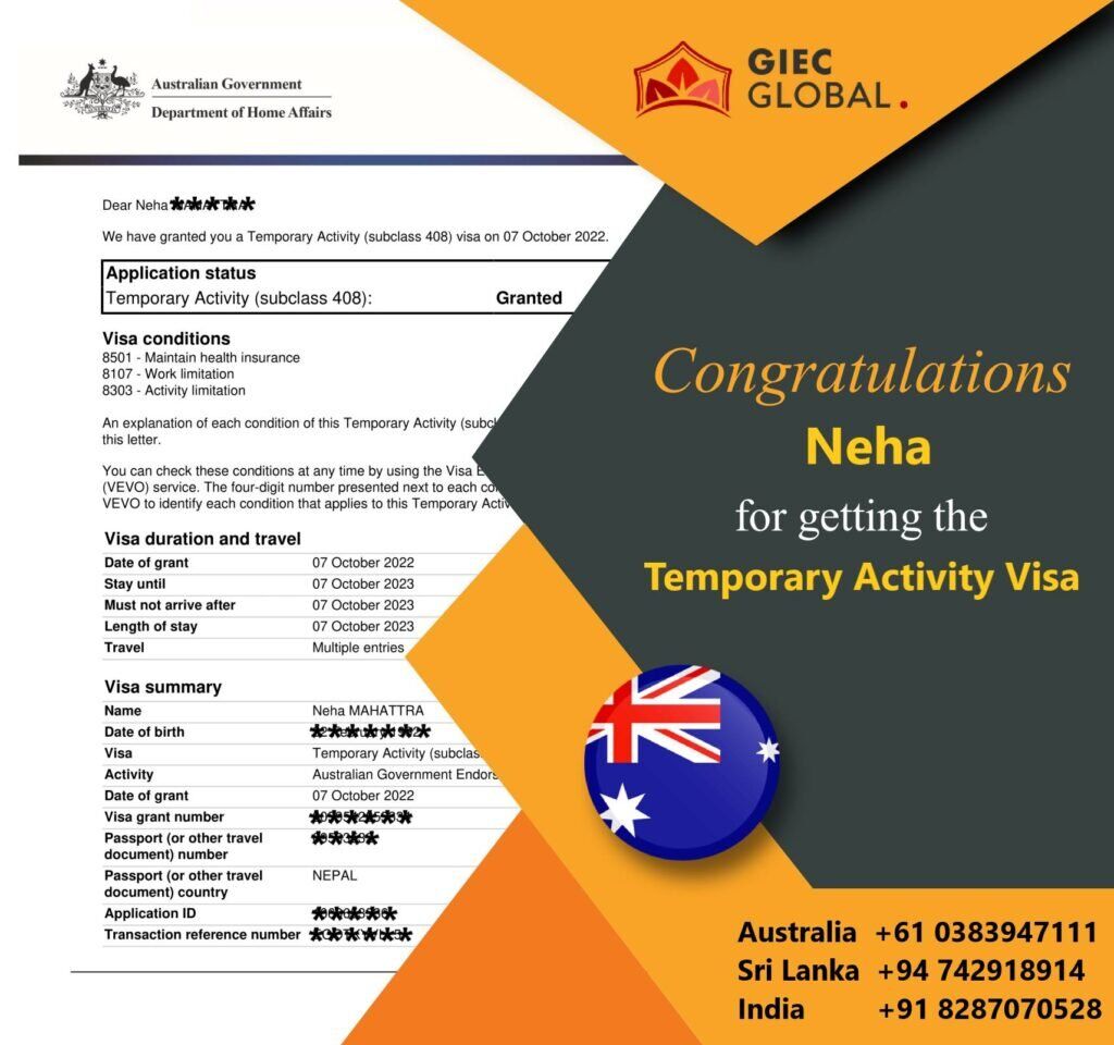 Australia Work Visa Approved of Neha