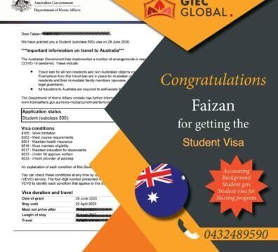 𝗖𝗹𝗶𝗲𝗻𝘁 𝗦𝘂𝗰𝗰𝗲𝘀𝘀 𝗶𝘀 𝗼𝘂𝗿 𝗦𝘂𝗰𝗰𝗲𝘀𝘀. 𝗢𝘂𝗿 𝘄𝗼𝗿𝗸 𝘀𝗽𝗲𝗮𝗸𝘀 𝗺𝗼𝗿𝗲 𝘁𝗵𝗮𝗻 𝗮𝗻𝘆𝘁𝗵𝗶𝗻𝗴.   Australian Visitor Visa!!! Heartiest Congratulations to Amitoj for an Australia Study visa and best wishes for his future in Australia. Call us to check for your options!!! Call us to check for your options!!! Australia +61 0383947111 India +91 8287070528 Sri Lanka +94 742918914 Visit our Offices at the below addresses:- 470 Collins Street, Level 8, Suite 2, VIC 3000, Australia 1510A, 3rd Floor, Lane No. 1, South Ex 1, New Delhi – 110003 36/3/2/, Pavilian Building, Gamini Mawatha 8000 Galle, Sri Lanka Or Visit our website: https://giecglobal.lk/services/education/study-in-australia/ Australia Study visa granted of Faizan