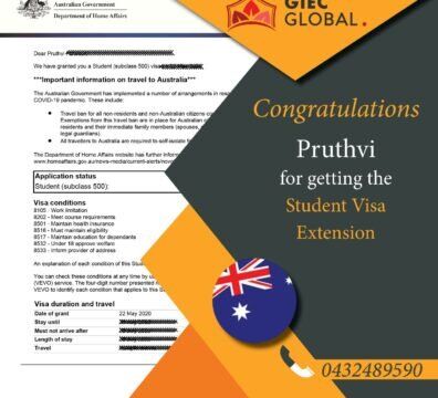 Australia Study visa granted of Pruthvi