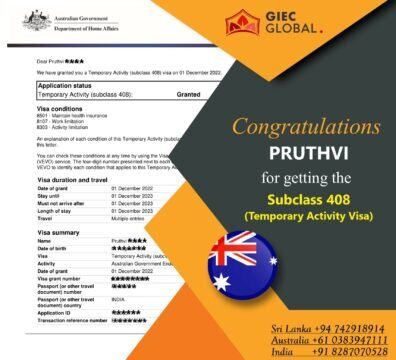Australia Work Visa Granted of PRUTHVI